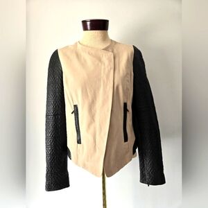 DANIER Beige Cotton Jacket with Quilted black leather Sleeves. Size small